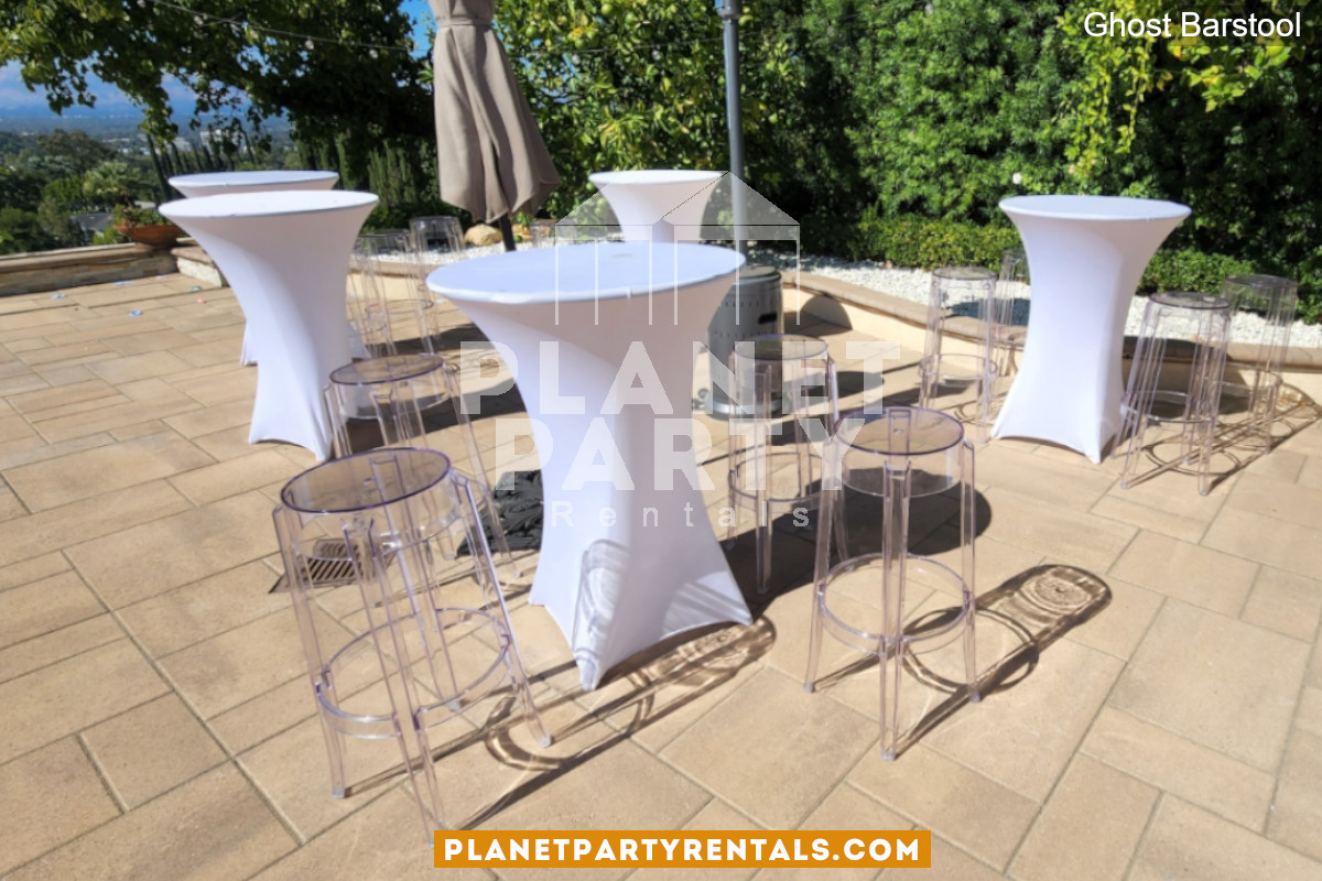 Ghost Barstool with round Cocktail Tables (Spandex Tablecloth)