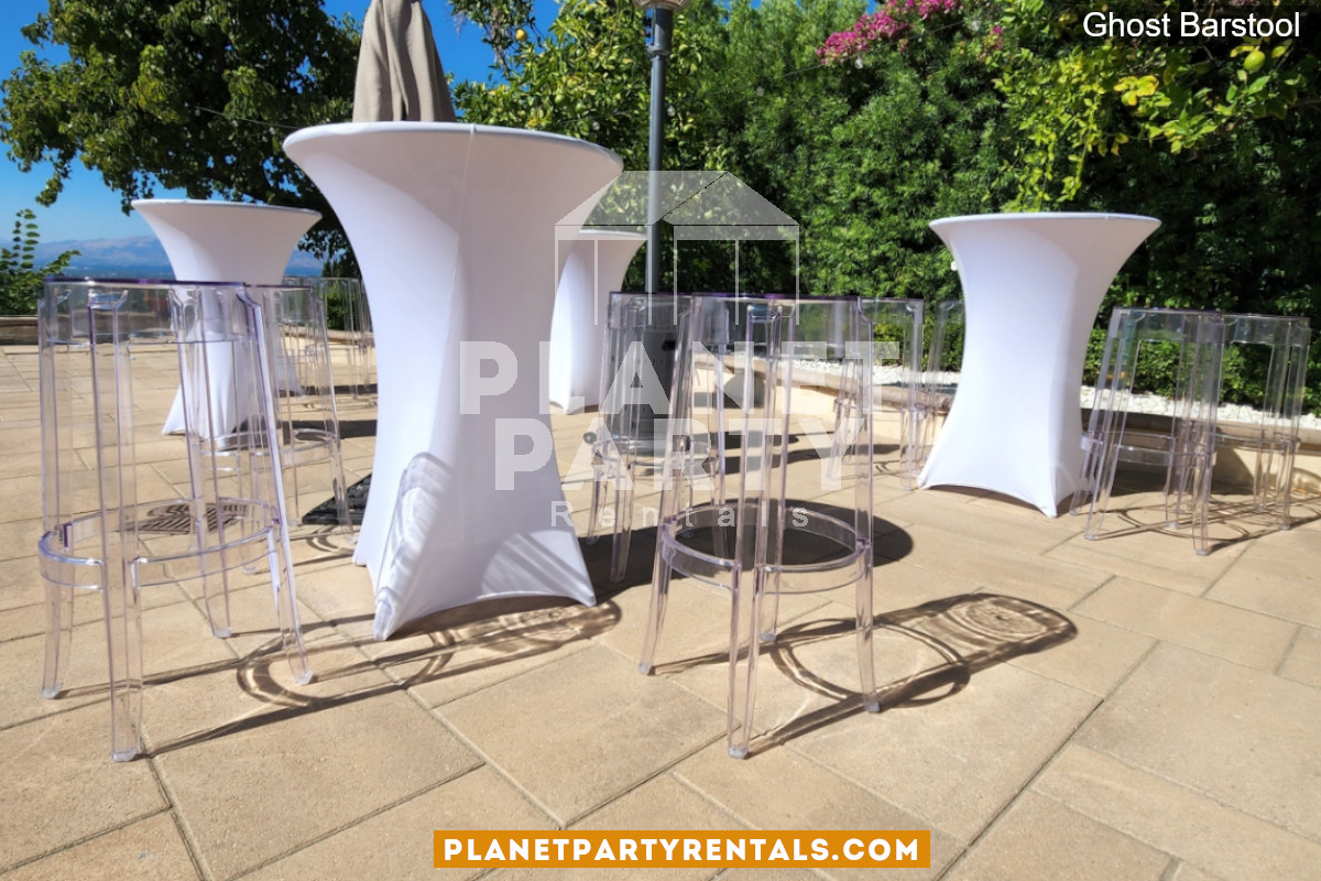 Transparent Barstool and Round Cocktail Table (White Spandex Tablecloth)
