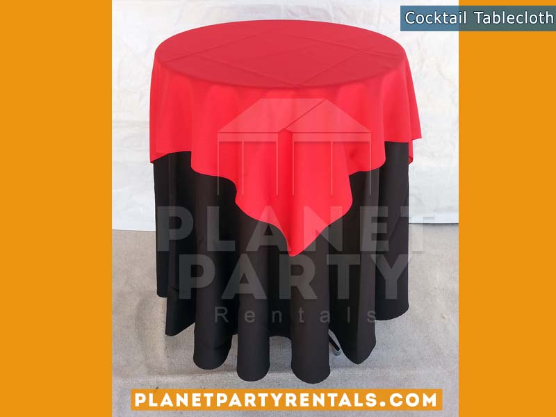 Black Tablecloth on cocktail table with red overlay | Tablecloth / Linen Rentals