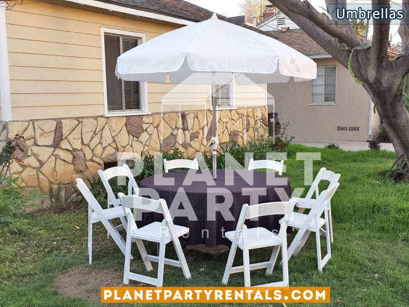 White Patio Umbrella with Crank Lift and 60" Round Table / black tablecloth with White wooden Chairs