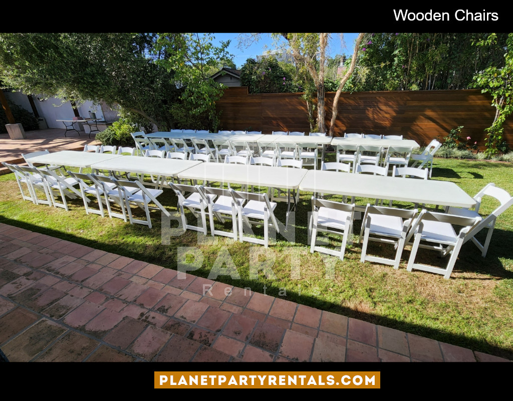 White Wooden Chairs with 6ft Rectangular Tables