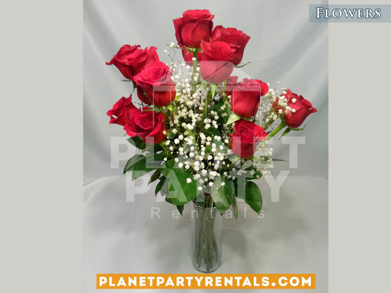 Red Roses with White Gyp Flower and Vase | Wedding Flowers