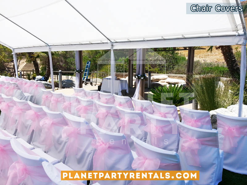 White Chair Cover with Pink Sash | Linen Rentals San Fernando Valley