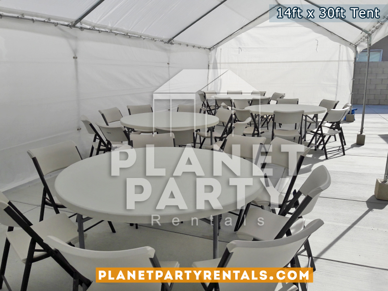 14x30 Tent with Round Tables (60" Round) and Plastic White Chairs