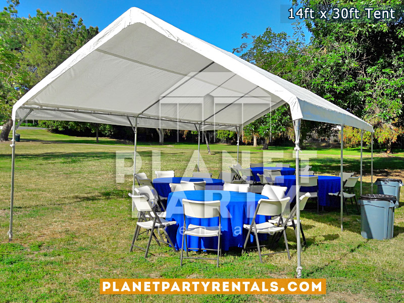 14 x 30 Tent with Round Tables and Blue Tablecloths and Plastic White Chairs