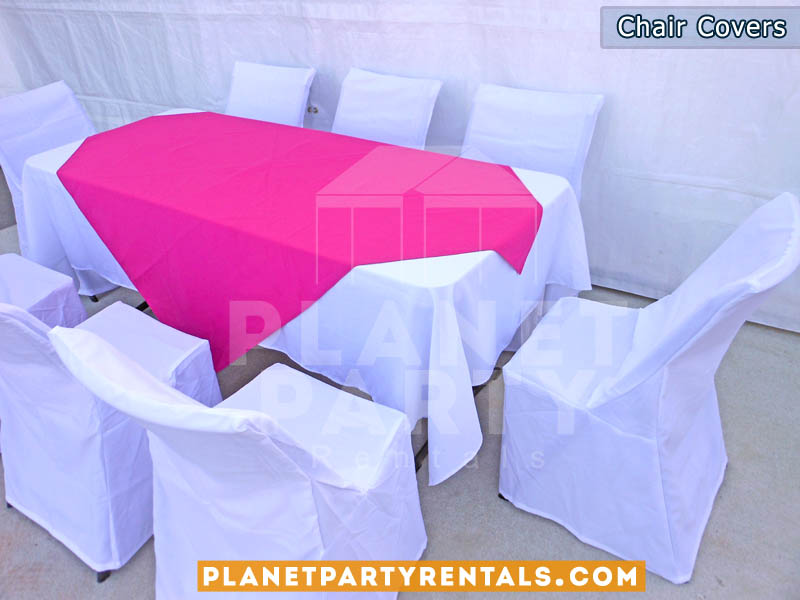 white chair covers with rectangular table and fuschia diamond/runner