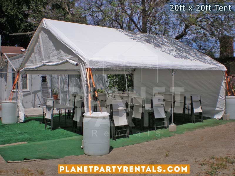 20ft x 20ft White Party Tent with Sidewalls and White Plastic Chairs with White Rectangular Tables