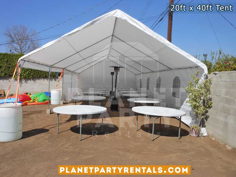 White party tent 20ft x 20ft Tent | White round tables with white plastic chairs | Party Rentals San Fernando Valley, Santa Clarita, Van Nuys, Reseda, Panorama City