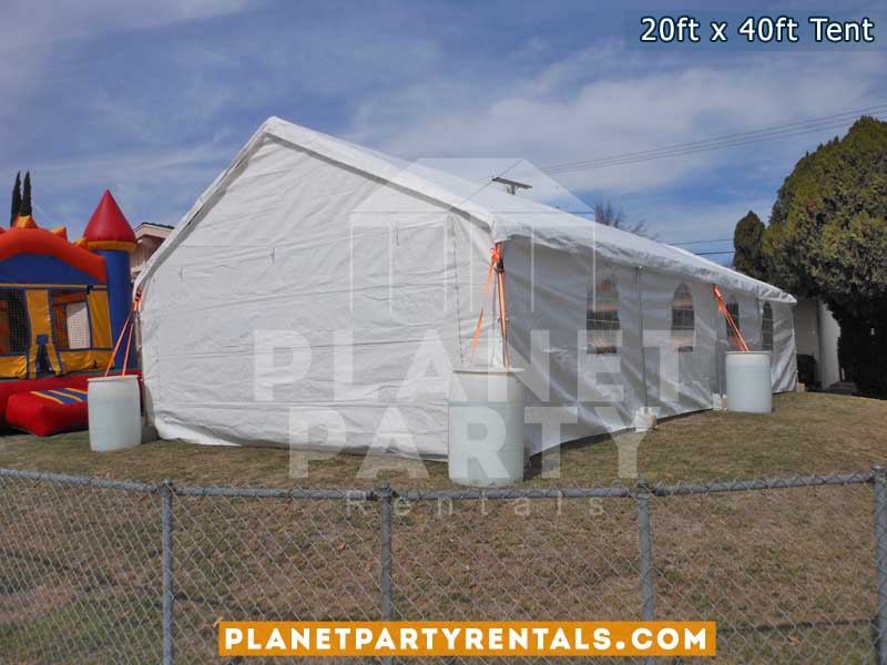 White party tent 20ft x 20ft Tent | White round tables with white plastic chairs | Party Rentals San Fernando Valley, Santa Clarita, Van Nuys, Reseda, Panorama City
