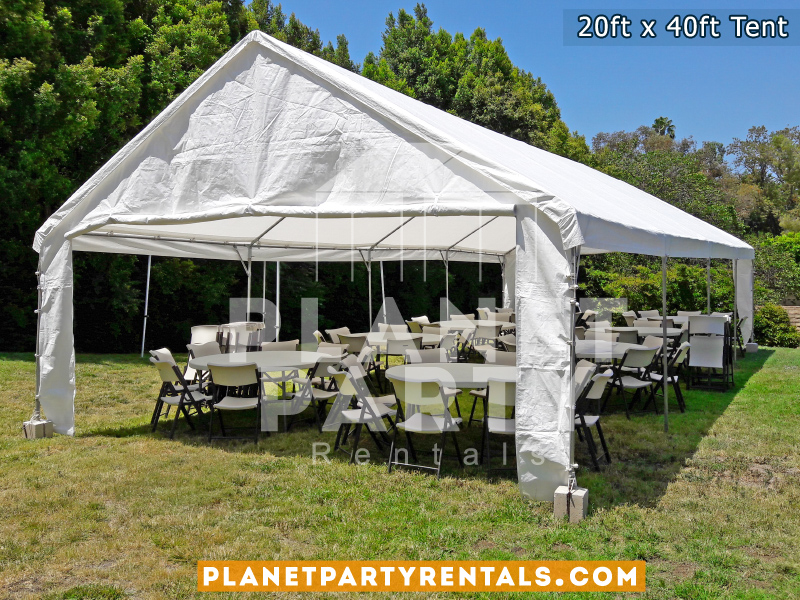 20ft x 40ft Tent with Round Tables and Plastic Chairs on grass - Side View