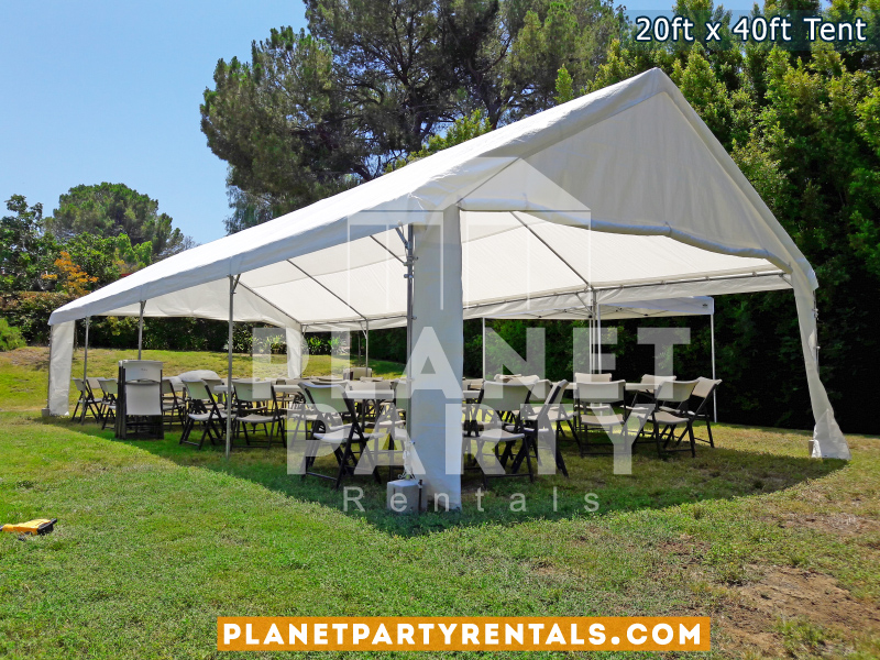 20ft x 40ft Tent with Round Tables and Plastic Chairs on grass