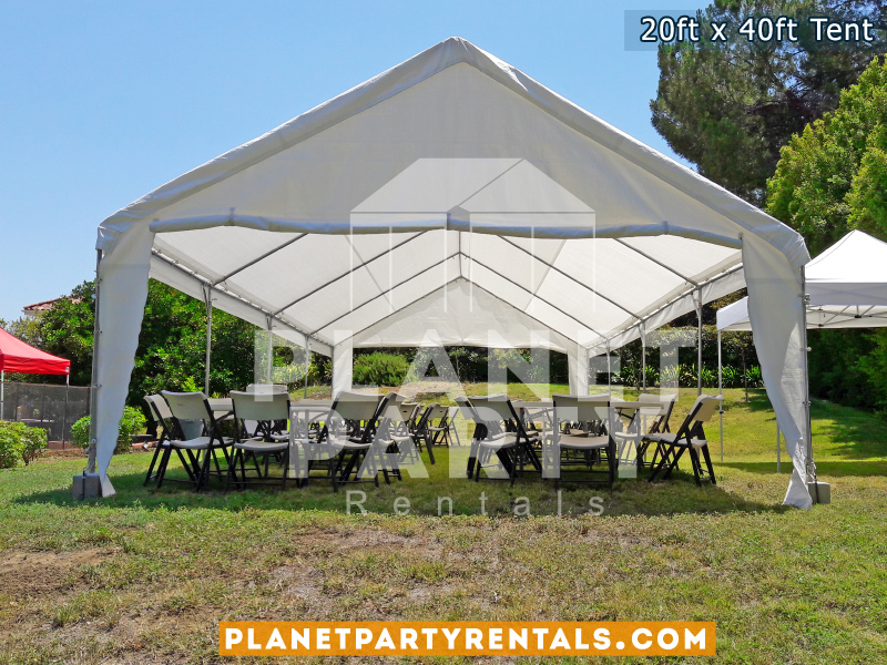 20ft x 40ft Tent with Round Tables and Plastic Chairs on grass - Front View
