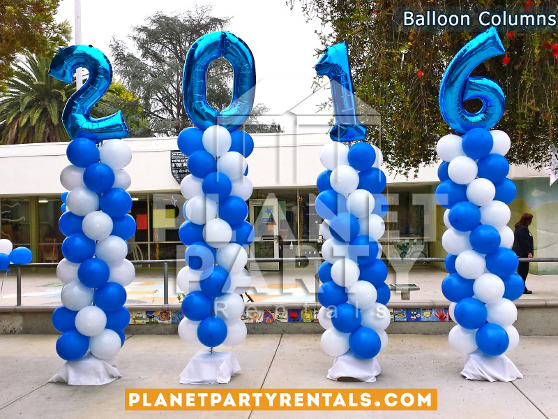Balloon Columns Spiral Design with Royal Blue and White Balloons 