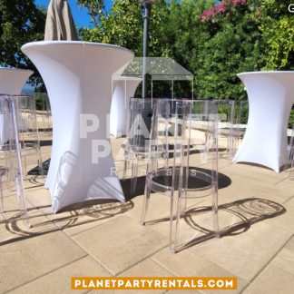 Transparent Barstool and Round Cocktail Table (White Spandex Tablecloth)