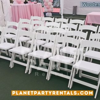 White Wooden Folding Chair with Padded Seat | San Fernando Valley Party Rentals