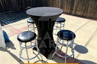 Metal Barstool with Black Cushion and Cocktail Table with Spandex Black Tablecloth