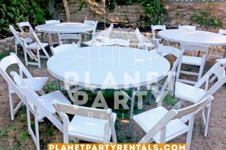 White Wooden Chairs with Padded White Seat in backyard event