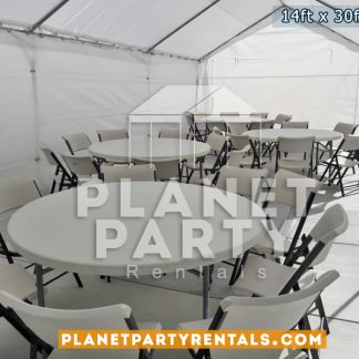 14x30 Tent with Round Tables (60" Round) and Plastic White Chairs