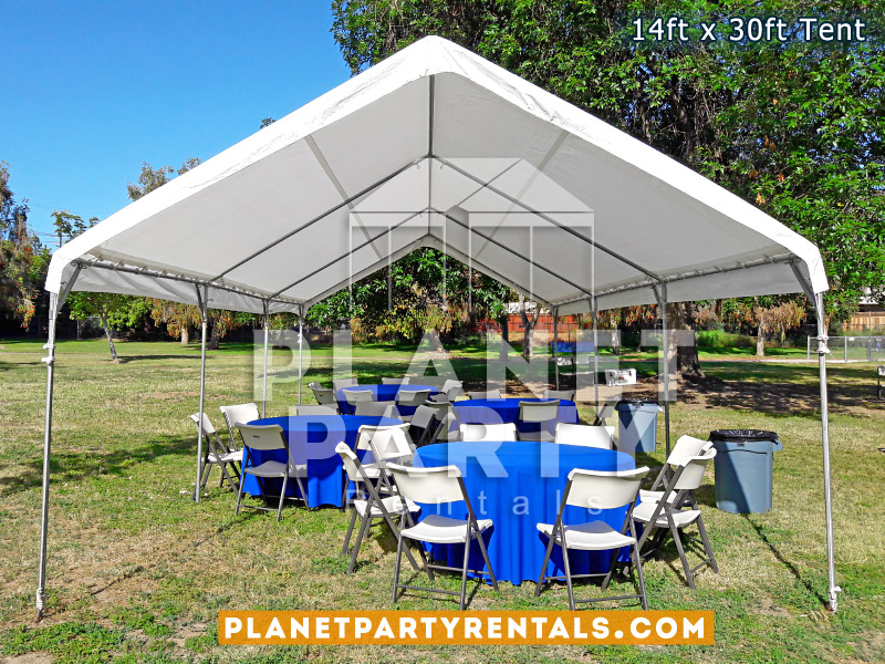 14 x 30 Tent with Round Tables and Blue Tablecloths and Plastic White Chairs