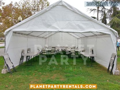 20ft x 40ft White Tent with sidewalls and rectangular tables and chairs | San Fernando Valley Tent Rentals