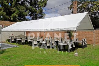 20ft x 40ft Tent with Rectangular Tables and White Plastic Chairs