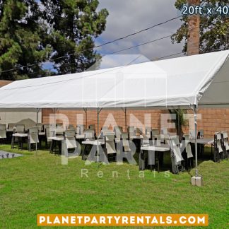 20ft x 40ft Tent with Rectangular Tables and White Plastic Chairs