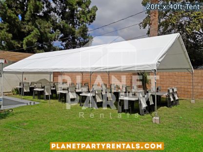 20ft x 40ft Tent with Rectangular Tables and White Plastic Chairs