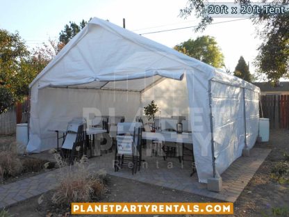 20ft x 20ft Tent with Sidewalls with tables and chairs | San Fernando Valley Tent Rentals