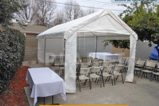 10ft x 20ft Tent with walls and entrance with white tables and chairs/table cloths | San Fernando Valley Tent Rentals | Party Supplies