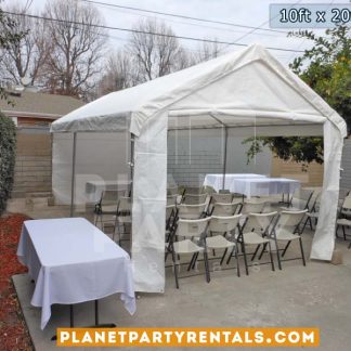 10ft x 20ft Tent with walls and entrance with white tables and chairs/table cloths | San Fernando Valley Tent Rentals | Party Supplies