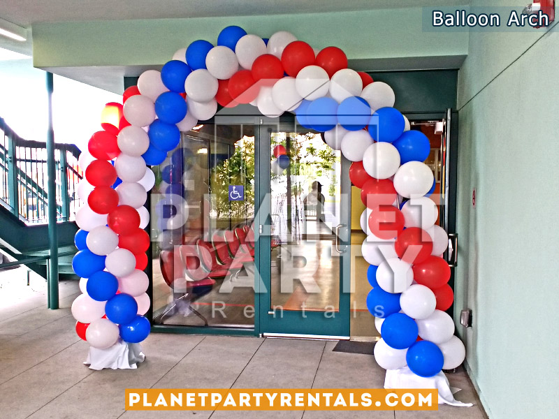 Balloon Arch Spiral Design Red, Royal Blue and White.